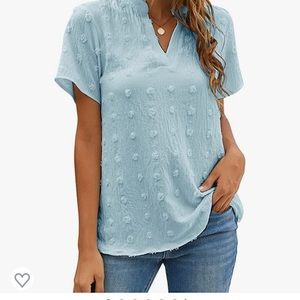 Swiss dot short sleeve V-neck in baby blue.